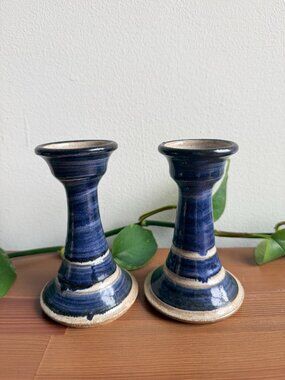 Vintage Stoneware Pottery Candlestick Holders Set of 2